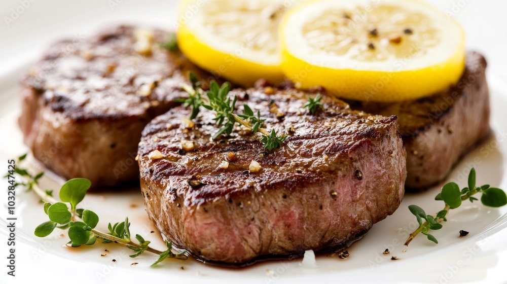 Three juicy steaks, seasoned with herbs and garnished with lemon slices, are presented on a white plate. Three juicy steaks, seasoned with herbs and garnished with lemon slices, are presented on a white plate.