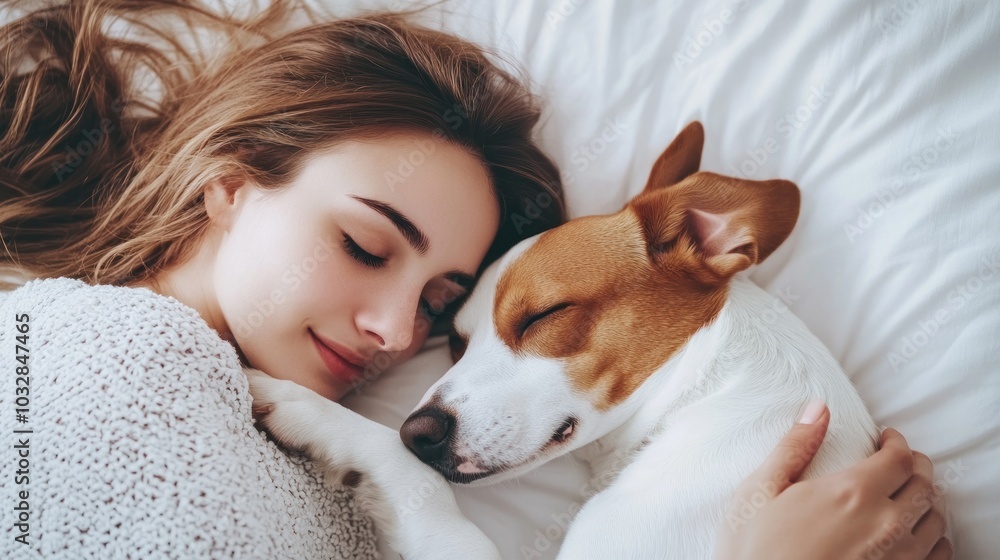 A woman peacefully sleeps with her dog on a cozy bed, showcasing companionship and comfort. A woman peacefully sleeps with her dog on a cozy bed, showcasing companionship and comfort.