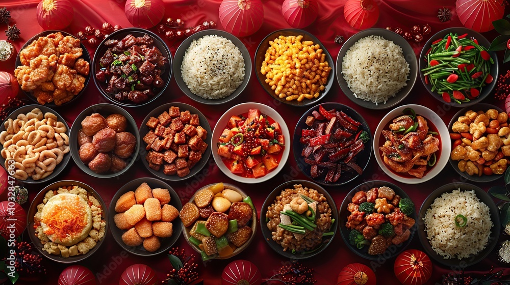 A variety of Chinese dishes arranged in a grid pattern on a red background, including sweet and sour pork, fried chicken, stir-fried vegetables, rice, and dumplings. A variety of Chinese dishes arranged in a grid pattern on a red background, including sweet and sour pork, fried chicken, stir-fried vegetables, rice, and dumplings.