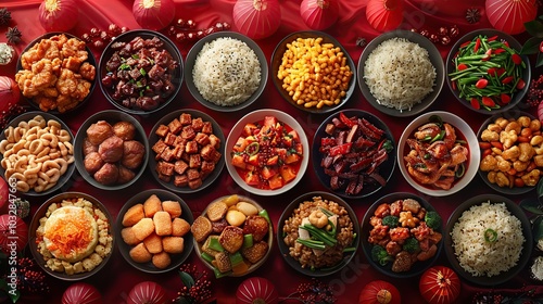 A variety of Chinese dishes arranged in a grid pattern on a red background, including sweet and sour pork, fried chicken, stir-fried vegetables, rice, and dumplings.