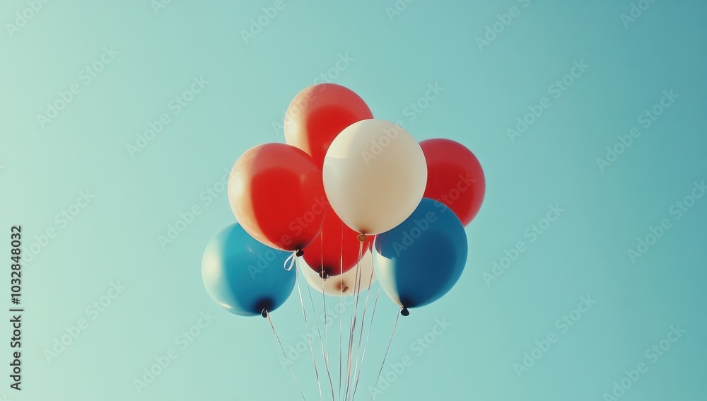red, white, and blue balloons floating against the clear sky in the background Generative AI