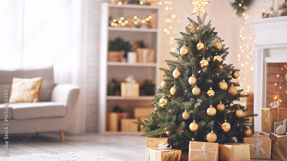 Festive christmas living room with decorated tree and golden gifts Festive christmas living room with decorated tree and golden gifts