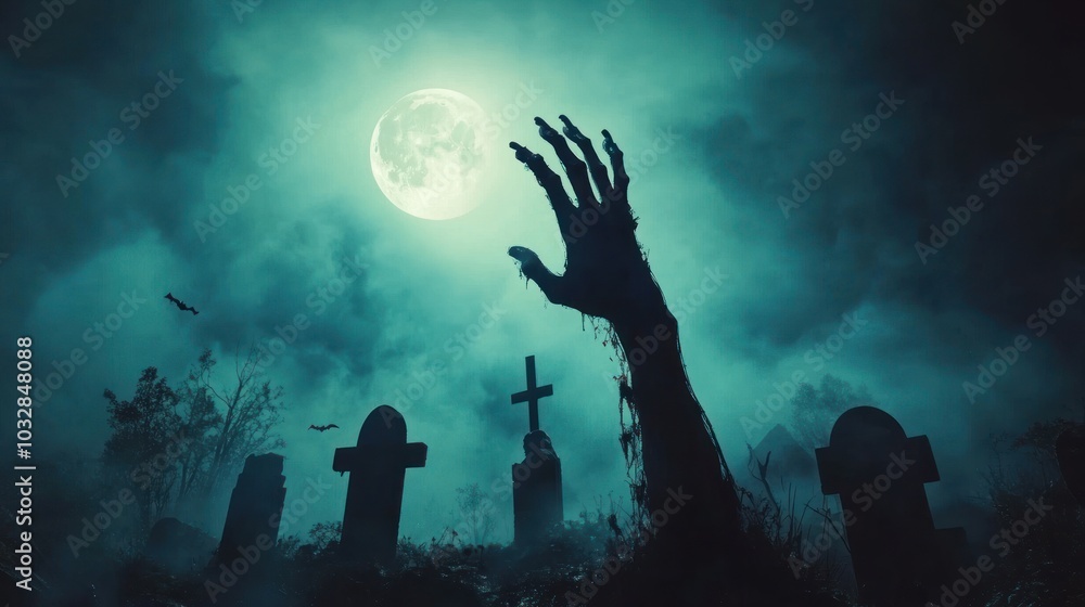 A spooky graveyard scene with a hand emerging from the ground under a full moon. A spooky graveyard scene with a hand emerging from the ground under a full moon.