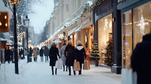 Happy smiling family shopping at Christmas street market, choosing gifts. Winter holidays, vacation, travel, purchase conception. Outdoor evening. Copy, empty space for text