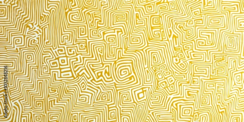 Intricate yellow and white line drawing featuring small maze-like shapes filled with various patterns