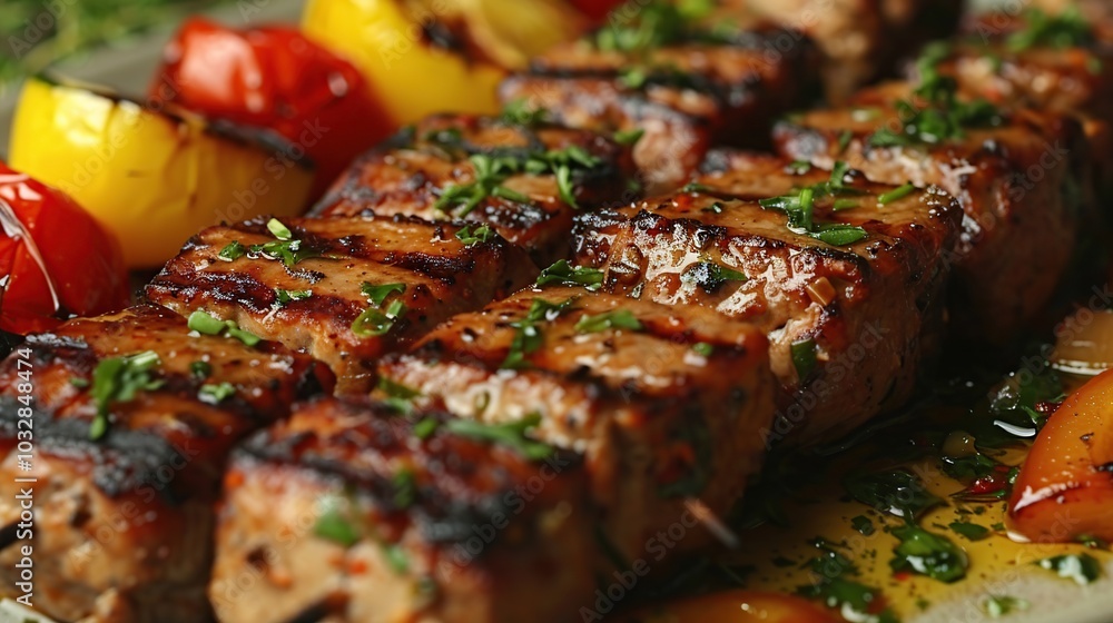 Φωτογραφία Close up of grilled meat skewers with bell peppers and tomatoes on a platter