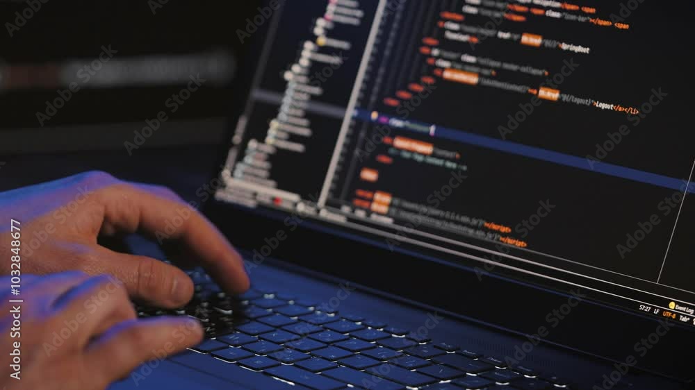 Programmer's hands and laptop keyboard close-up Programmer's hands and laptop keyboard close-up