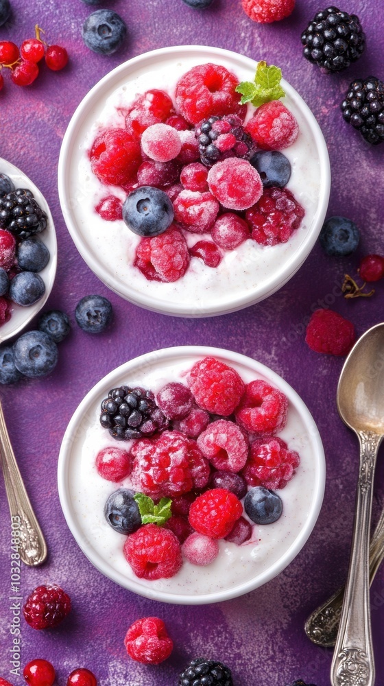 Bowls of yogurt topped with vibrant mixed berries on a purple background, AI Bowls of yogurt topped with vibrant mixed berries on a purple background, AI