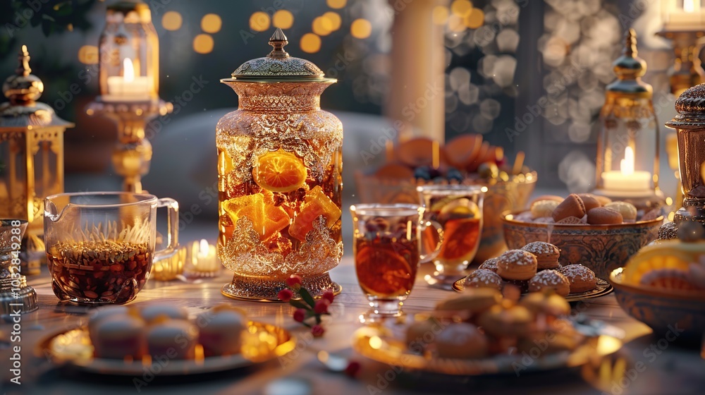 A table set for an evening tea party with candles, pastries, and a glass pitcher of infused tea. A table set for an evening tea party with candles, pastries, and a glass pitcher of infused tea.