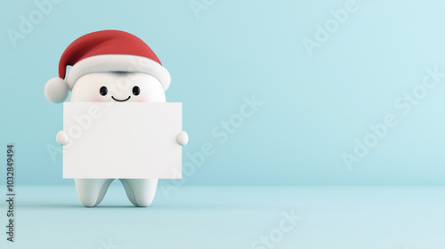 Cartoon tooth in a Santa hat holding an empty sign on a light blue background. Mockup, perfect for adding text or graphics (copy space).