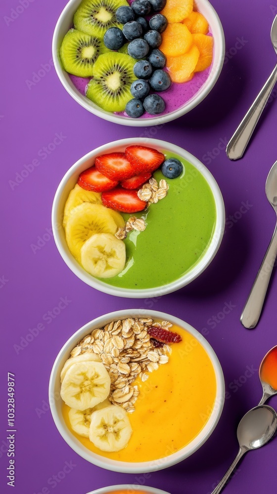 Colorful smoothie bowls with fresh fruit and oats on a vibrant purple background, AI Colorful smoothie bowls with fresh fruit and oats on a vibrant purple background, AI