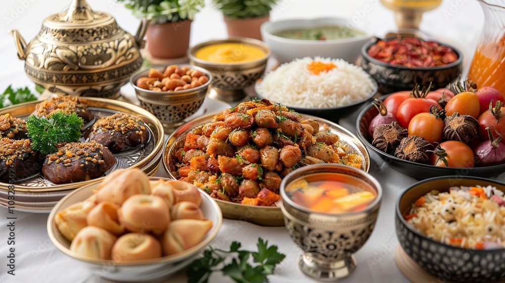 A lavish spread of Middle Eastern cuisine featuring a variety of dishes, including stews, breads, rice, and desserts. A lavish spread of Middle Eastern cuisine featuring a variety of dishes, including stews, breads, rice, and desserts.