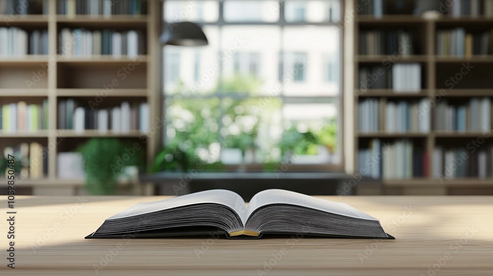 Inviting Study Space: An Open Book on a Desk Surrounded by Stacks of Books Against a Blurred Background of a Bright Public Library Inviting Study Space: An Open Book on a Desk Surrounded by Stacks of Books Against a Blurred Background of a Bright Public Library