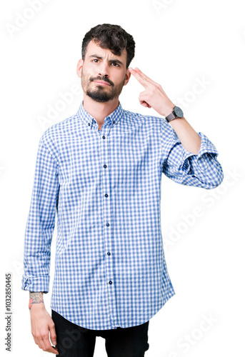 Foto Young handsome business man over isolated background Shooting and killing oneself pointing hand and fingers to head, suicide gesture