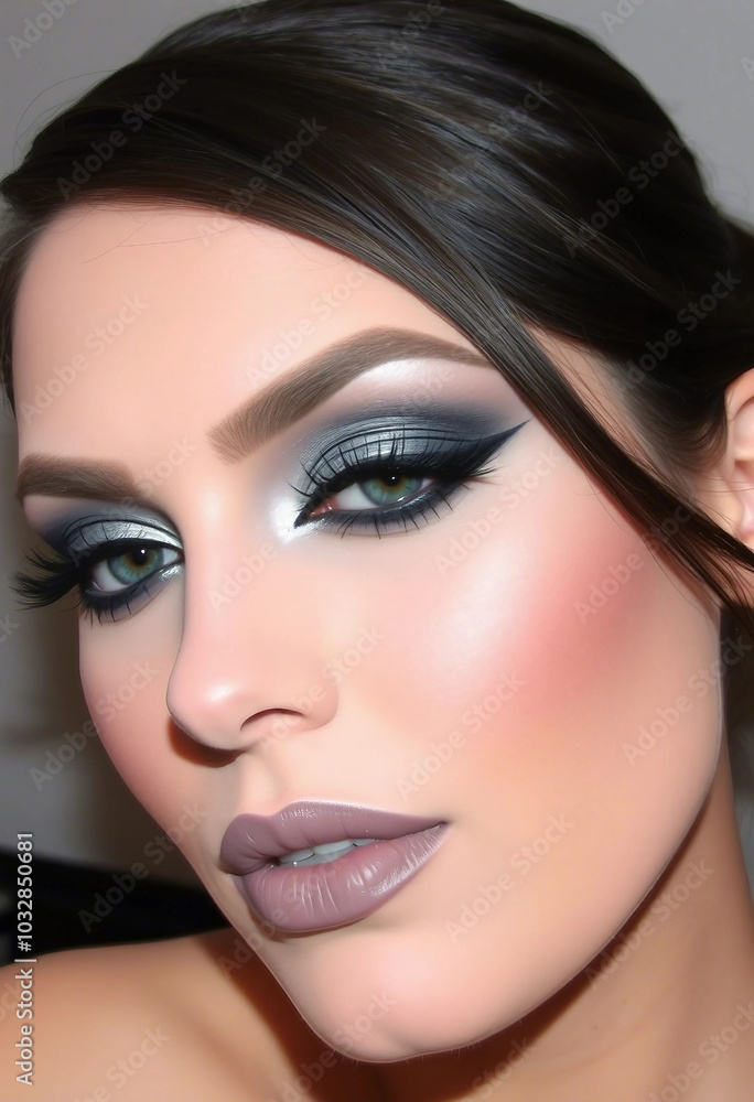 A stunning close-up of a model showcasing a bold and glamorous eye makeup look with metallic eyeshadow and perfectly winged eyeliner. Ideal for beauty, fashion, and cosmetic themes.
A stunning close-up of a model showcasing a bold and glamorous eye makeup look with metallic eyeshadow and perfectly winged eyeliner. Ideal for beauty, fashion, and cosmetic themes.