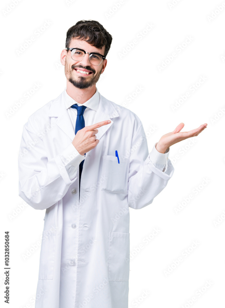 Young professional scientist man wearing white coat over isolated background amazed and smiling to the camera while presenting with hand and pointing with finger. Young professional scientist man wearing white coat over isolated background amazed and smiling to the camera while presenting with hand and pointing with finger.