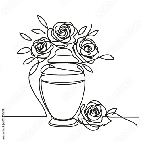Minimalist vector illustration of cremation urn with roses in line drawing