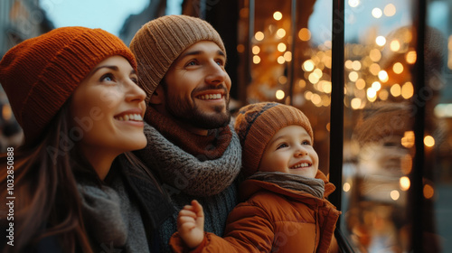 happy family looking at glowing shopwindow, showcase, closeup, cinematic. Christmas winter time. Evening outside. 