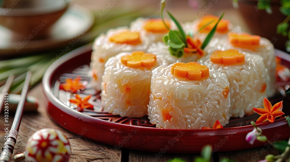 Close-up of a plate of steamed sticky rice cakes with carrot flowers on top, arranged on a rustic wooden table with chopsticks and decorative plants. Close-up of a plate of steamed sticky rice cakes with carrot flowers on top, arranged on a rustic wooden table with chopsticks and decorative plants.