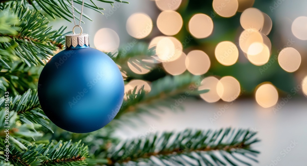 Blue christmas ball hanging on a branch of a spruce tree outdoors in the snow, winter, with decorations. Blue christmas ball hanging on a branch of a spruce tree outdoors in the snow, winter, with decorations.