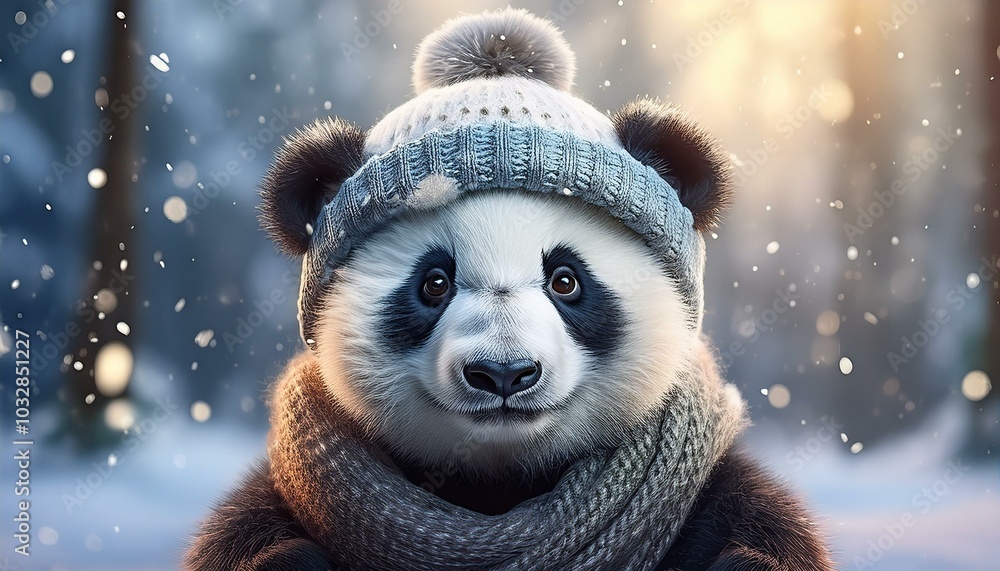 A cute panda bear with a knitted hat and scarf enjoys a snowy winter landscape and exudes Christmas joy. A cute panda bear with a knitted hat and scarf enjoys a snowy winter landscape and exudes Christmas joy.