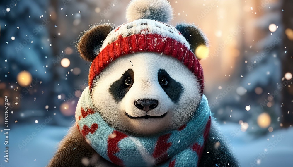 A cute panda bear with a knitted hat and scarf enjoys a snowy winter landscape and exudes Christmas joy. A cute panda bear with a knitted hat and scarf enjoys a snowy winter landscape and exudes Christmas joy.
