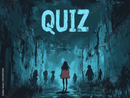 Image of a girl standing in a dark alley with a group of zombies, text quiz