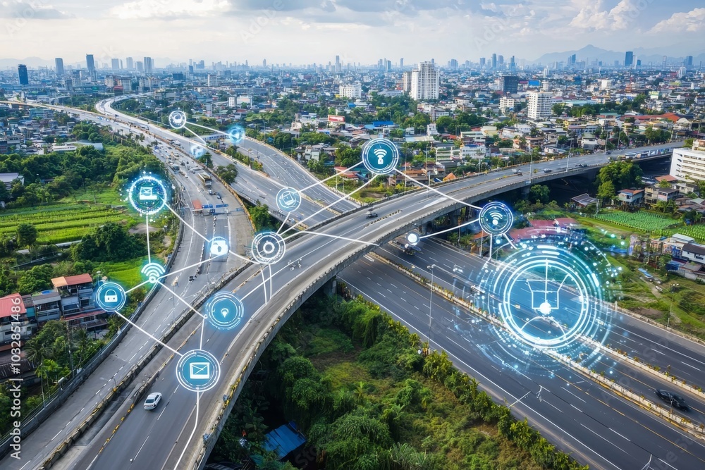 Fototapeta premium Network of smart cities and wireless communication, IoT (Internet of Things)