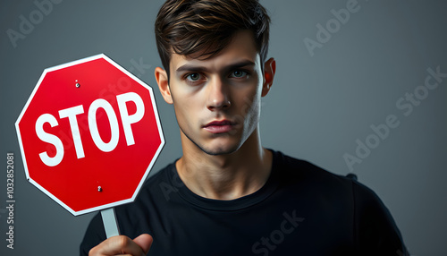 No more bad habits. Close-up photo of a serious young man in a black t-shirt, who is looking in the camera while holding a stop sign isolated with white highlights, png