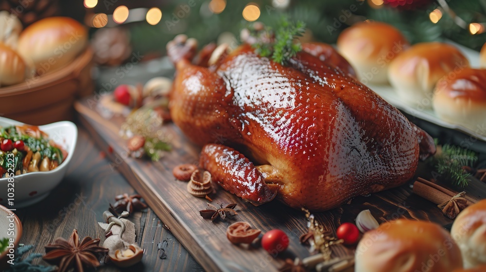 A roasted chicken sits on a wooden cutting board surrounded by festive Christmas decor, including buns, greenery, and spices, on a rustic wooden table. A roasted chicken sits on a wooden cutting board surrounded by festive Christmas decor, including buns, greenery, and spices, on a rustic wooden table.