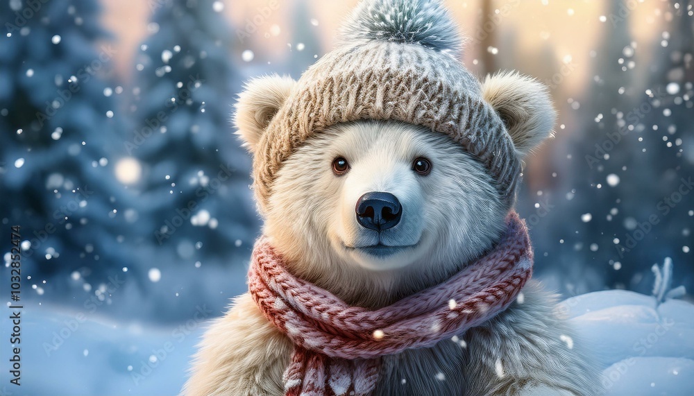 A cute bear with a knitted hat and scarf enjoys a snowy winter landscape and exudes Christmas joy. A cute bear with a knitted hat and scarf enjoys a snowy winter landscape and exudes Christmas joy.