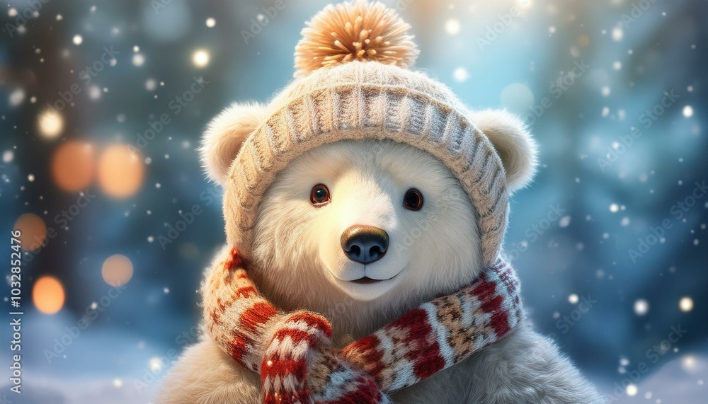 A cute bear with a knitted hat and scarf enjoys a snowy winter landscape and exudes Christmas joy. A cute bear with a knitted hat and scarf enjoys a snowy winter landscape and exudes Christmas joy.