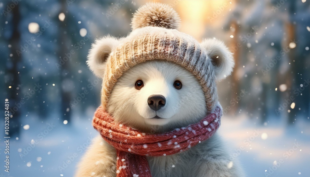 A cute bear with a knitted hat and scarf enjoys a snowy winter landscape and exudes Christmas joy. A cute bear with a knitted hat and scarf enjoys a snowy winter landscape and exudes Christmas joy.