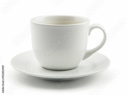 A white ceramic coffee cup with a delicate handle on a white background