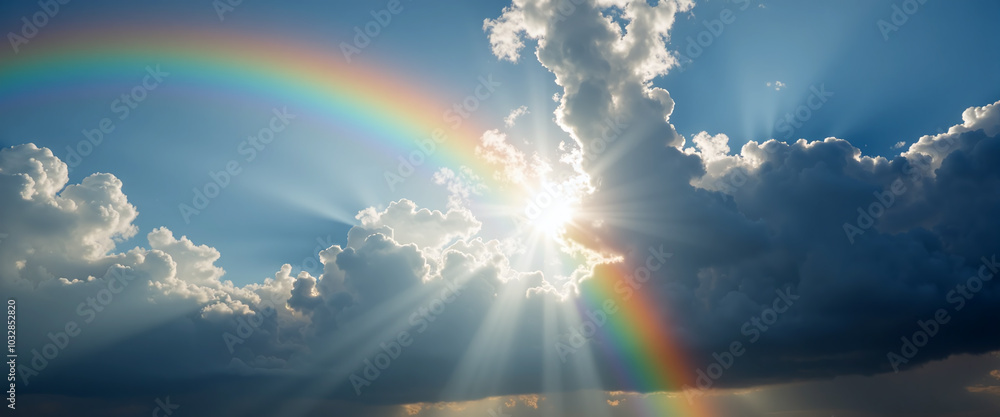 Rainbow and Sun Rays Shining Through Dramatic Clouds in a Blue Sky Rainbow and Sun Rays Shining Through Dramatic Clouds in a Blue Sky