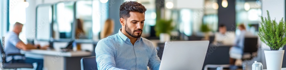 Focused businessman working on a laptop in a modern office setting, AI Focused businessman working on a laptop in a modern office setting, AI
