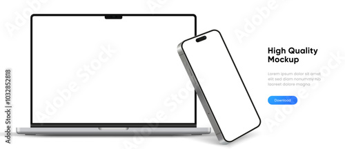 Modern laptop mockup front view and smartphone mockup high quality isolated on white background. Notebook mockup and phone device mockup for ui ux app