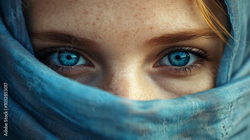 Wallpaper Mural A close-up shot of the face of a beautiful woman with freckles and beautiful blue eyes, her face wrapped in a scarf facing the camera in close-up Torontodigital.ca