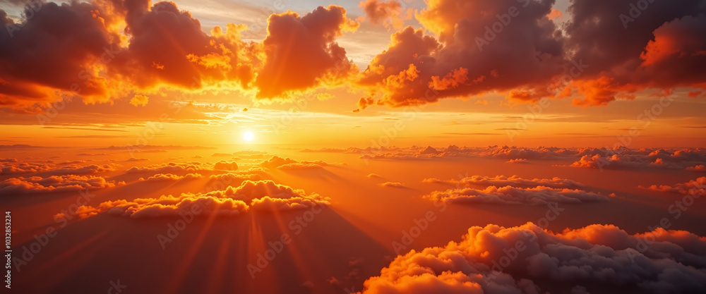 Sunset with Dramatic Rays Shining Through Clouds in a Vibrant Sky. Sunset with Dramatic Rays Shining Through Clouds in a Vibrant Sky.