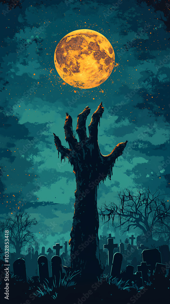 Creepy dirty zombie hand rising from grave in nighttime cemetery with full moon. Cartoon monster emerging from tomb. Horror vertical banner, poster, invitation, greeting card for Halloween, copy space Creepy dirty zombie hand rising from grave in nighttime cemetery with full moon. Cartoon monster emerging from tomb. Horror vertical banner, poster, invitation, greeting card for Halloween, copy space