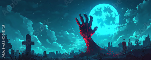 Creepy dirty zombie hand rising from grave in nighttime cemetery with full moon backdrop. Cartoon monster emerging from tomb. Banner with copy space. Halloween celebration and horror themes