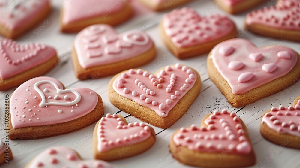 Pink heart-shaped cookies decorated with white icing and sprinkles on a white wooden background. Pink heart-shaped cookies decorated with white icing and sprinkles on a white wooden background.
