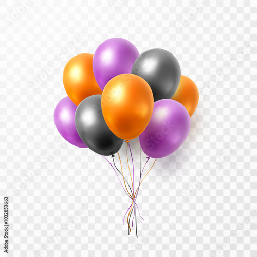 Balloon bunch isolated on transparent background. Vector realistic orange, violet and black festive 3d helium ballons template for halloween party design