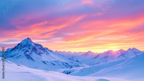 Stunning sunset over snow-covered mountain range with vibrant pink and orange hues in the sky, creating a serene and breathtaking winter landscape.