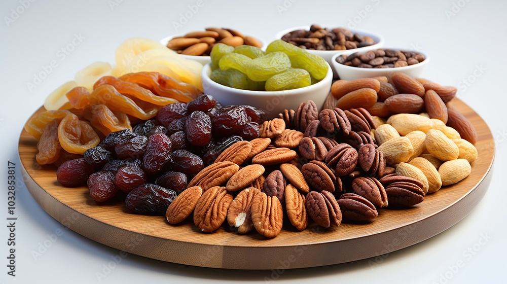 A wooden platter with various dried fruits and nuts, including raisins, dried apricots, green grapes, almonds, pecans, and coffee beans. A wooden platter with various dried fruits and nuts, including raisins, dried apricots, green grapes, almonds, pecans, and coffee beans.
