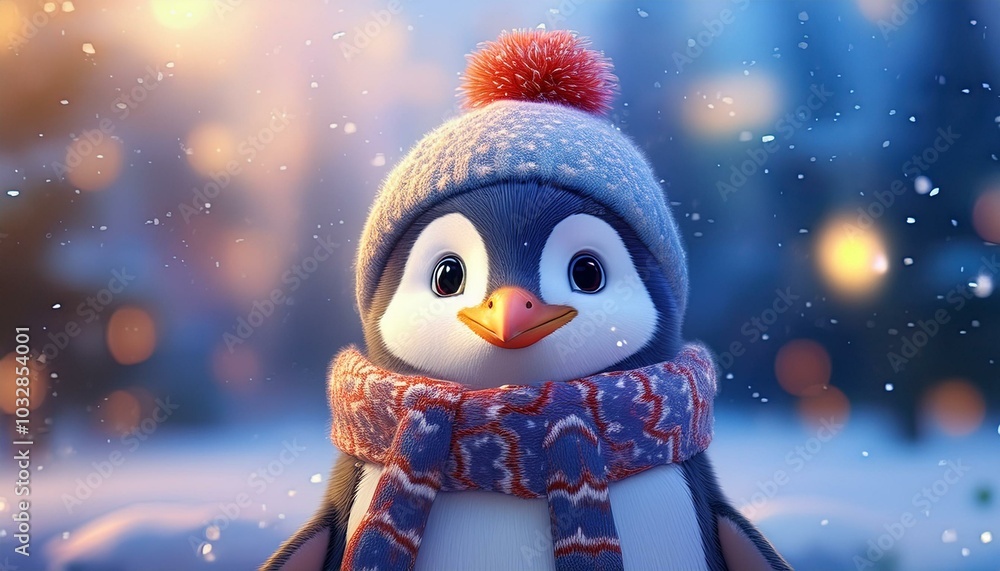 A cute penguin with a knitted hat and scarf enjoys a snowy winter landscape and exudes Christmas joy. A cute penguin with a knitted hat and scarf enjoys a snowy winter landscape and exudes Christmas joy.