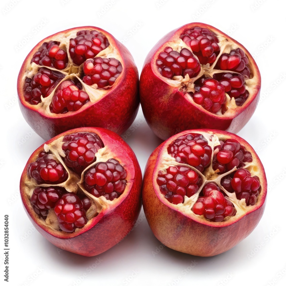 Chopped pomegranate in four pieces arranged on a white background. Generative AI Chopped pomegranate in four pieces arranged on a white background. Generative AI