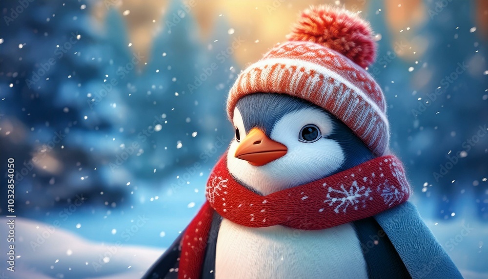 A cute penguin with a knitted hat and scarf enjoys a snowy winter landscape and exudes Christmas joy. A cute penguin with a knitted hat and scarf enjoys a snowy winter landscape and exudes Christmas joy.