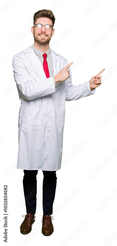 Young handsome scientist man wearing glasses smiling and looking at the camera pointing with two hands and fingers to the side. Young handsome scientist man wearing glasses smiling and looking at the camera pointing with two hands and fingers to the side.