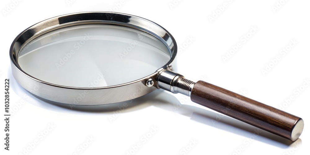 A detailed view of a magnifying glass with a metal handle and standard scale in focus. Generative AI A detailed view of a magnifying glass with a metal handle and standard scale in focus. Generative AI